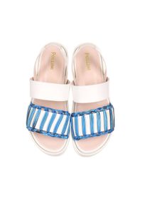 Pollini - POLLINI - Białe sandały z metaliczno-niebieską plecionką. Zapięcie: pasek. Kolor: biały. Wzór: aplikacja. Obcas: na platformie #5