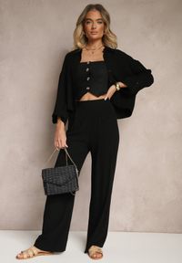 Renee - Czarne Spodnie z Lnem i Bawełną o Szerokim Kroju High Waist Sallieta. Okazja: na co dzień. Stan: podwyższony. Kolor: czarny. Materiał: bawełna, len. Styl: casual