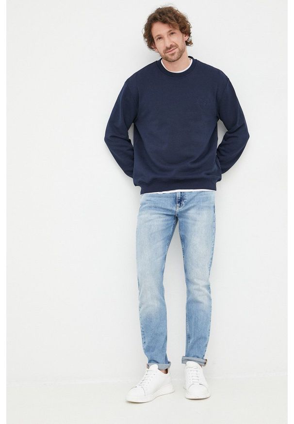 Trussardi Jeans - Trussardi bluza bawełniana męska kolor granatowy gładka. Kolor: niebieski. Materiał: bawełna. Wzór: gładki