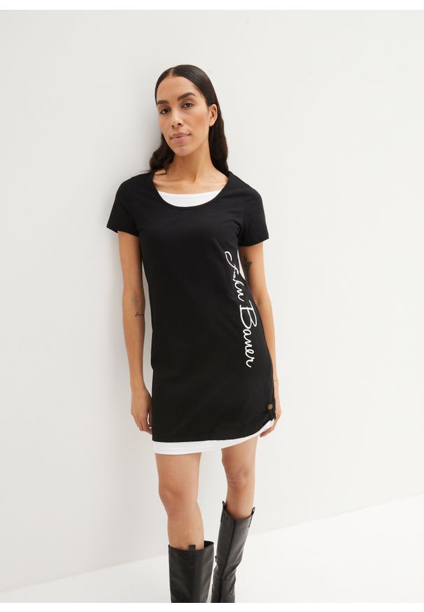 bonprix - Sukienka shirtowa z nadrukiem, krótki rękaw. Kolor: czarny. Długość rękawa: krótki rękaw. Wzór: nadruk