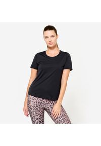 DOMYOS - Koszulka fitness damska Domyos krótki rękaw. Kolor: czarny. Materiał: materiał, elastan, poliester. Długość rękawa: krótki rękaw. Długość: krótkie. Sport: fitness