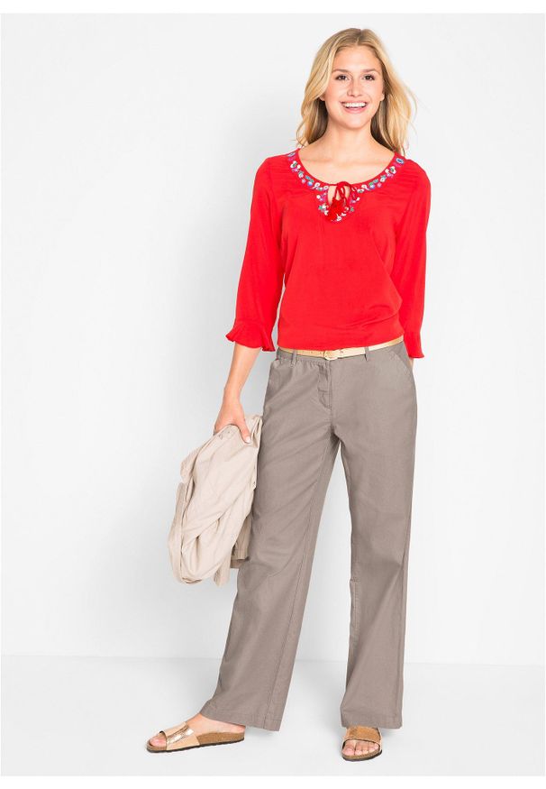 bonprix - Spodnie lniane Loose Fit z wygodnym paskiem. Kolor: brązowy. Materiał: len