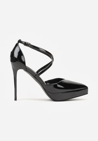 Renee - Czarne Szpilki z Platformą i Przeplatanymi Paskami Ferinela. Zapięcie: pasek. Kolor: czarny. Materiał: jeans. Obcas: na platformie. Styl: elegancki. Wysokość obcasa: średni #7