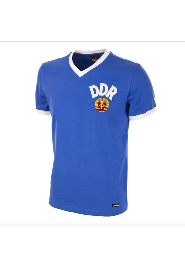 COPA FOOTBALL - Koszulka retro dla dorosłych - Mistrzostwa Świata DDR 1974 - Niebieska. Kolor: niebieski, wielokolorowy, biały. Sport: piłka nożna, wspinaczka