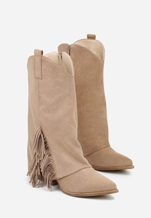 Born2be - Ciemnobeżowe Botki Typu Kowbojki na Stożkowym Obcasie z Frędzlami Reinella. Okazja: na co dzień. Kolor: beżowy. Materiał: jeans. Obcas: na obcasie. Styl: casual, klasyczny. Wysokość obcasa: średni