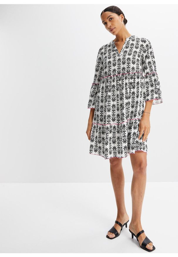 bonprix - Sukienka tunikowa z lejącej wiskozy. Kolor: biały. Materiał: wiskoza