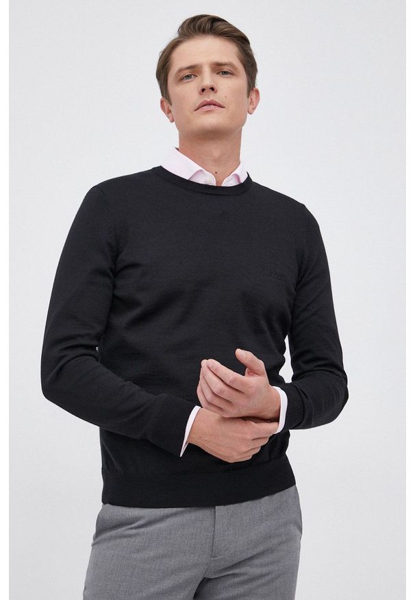 BOSS - Boss - Sweter wełniany. Okazja: na co dzień. Kolor: czarny. Materiał: wełna. Długość rękawa: długi rękaw. Długość: długie. Styl: casual