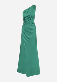 Born2be - Zielona Sukienka na Jedno Ramię z Marszczeniem i Rozcięciem Talirisa. Okazja: na wesele, na ślub cywilny, na imprezę. Kolor: zielony. Typ sukienki: asymetryczne. Styl: klasyczny, elegancki #4