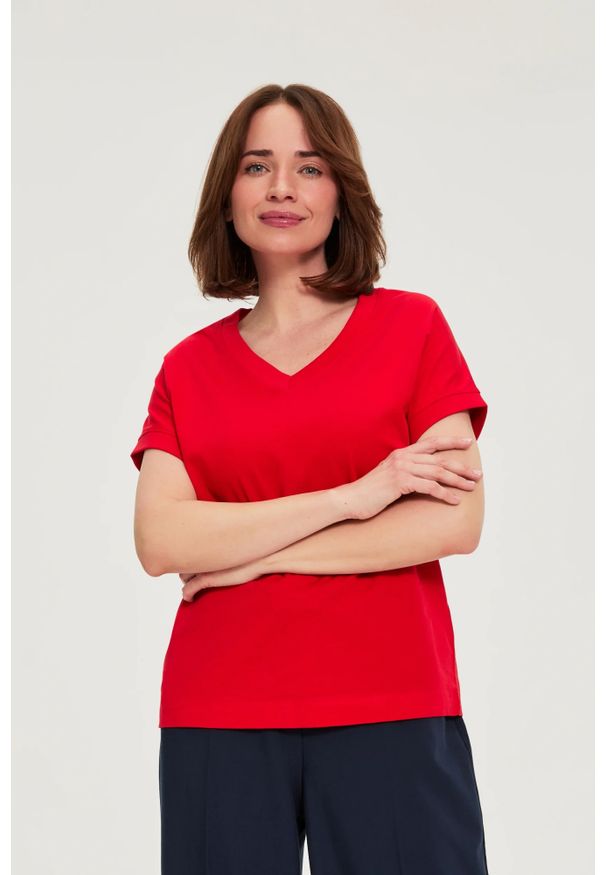 MOODO - Bluzka z bawełny czerwona. Kolor: czerwony. Materiał: bawełna