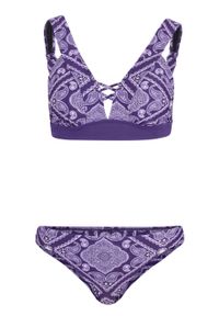 Bikini bustier (2 części) bonprix lila wzorzysty. Kolor: fioletowy. Wzór: aplikacja #1