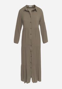 Born2be - Ciemnozielona Rozkloszowana Sukienka Maxi z Bawełny w Koszulowym Stylu Onecca. Okazja: na co dzień. Kolor: zielony. Materiał: bawełna. Wzór: aplikacja. Typ sukienki: koszulowe. Styl: casual. Długość: maxi #7