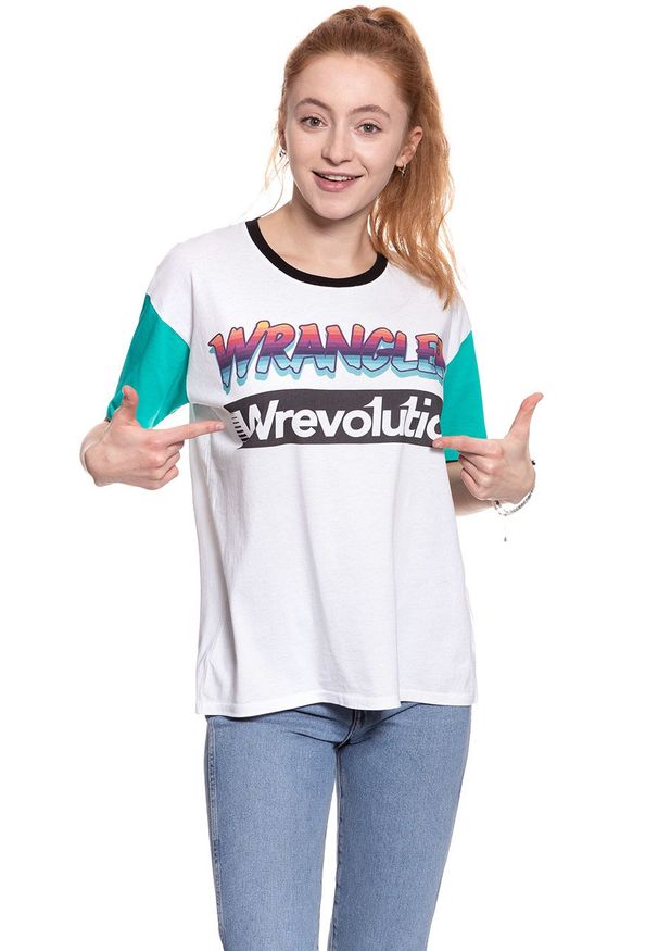 Wrangler - WRANGLER T SHIRT DAMSKI WREVOLUTION TEE WHITE W7386GH12 112131059. Wzór: nadruk