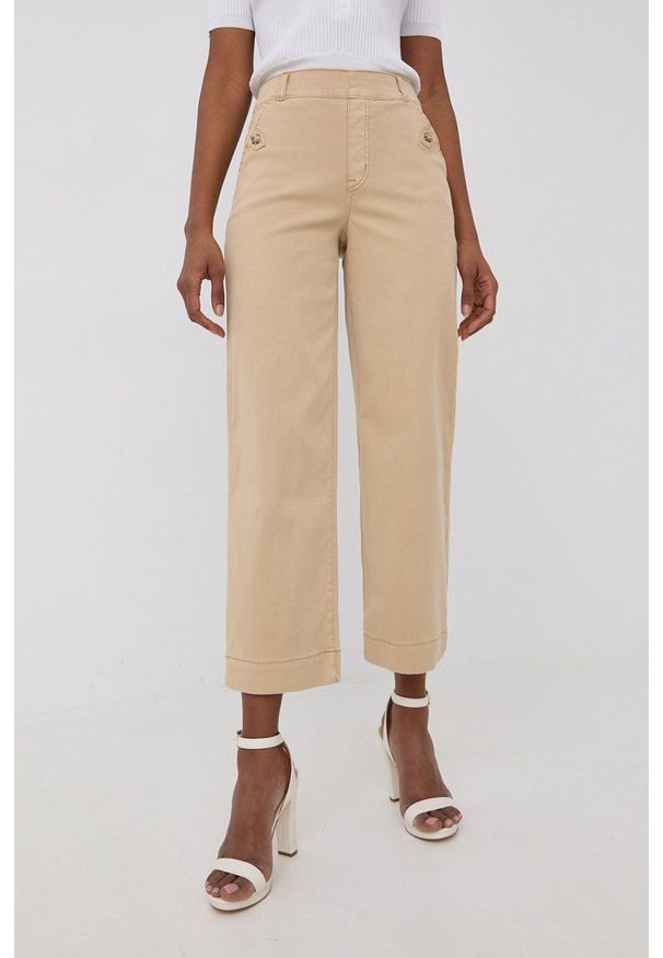 Spanx spodnie damskie kolor beżowy proste high waist. Okazja: na co dzień. Stan: podwyższony. Kolor: beżowy. Materiał: tkanina. Styl: casual