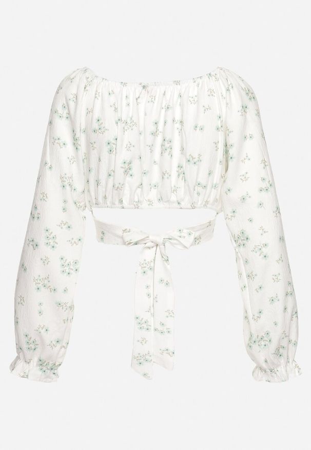 Born2be - Biało-Zielona Bluzka w Stylu Boho w Drobne Kwiatki z Wiązaniem i Bufiastymi Rękawami Afrinda. Kolor: zielony. Wzór: kwiaty. Styl: boho