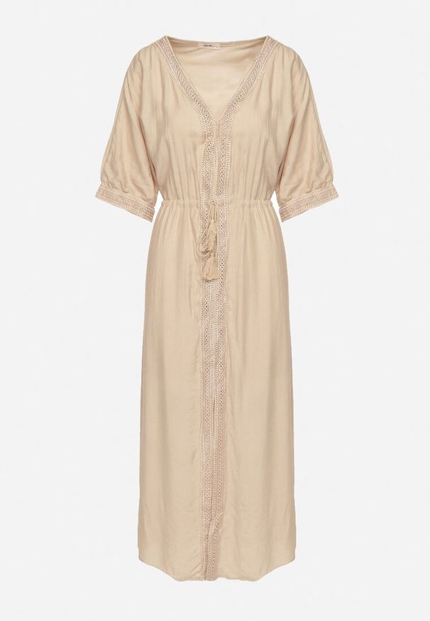 Born2be - Beżowa Wiskozowa Sukienka z Ażurową Lamówką Aravellea. Okazja: na co dzień. Typ kołnierza: dekolt w serek. Kolor: beżowy. Materiał: wiskoza. Wzór: ażurowy. Styl: casual, elegancki