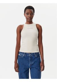 Calvin Klein Jeans Top Monologo J20J225301 Beżowy Slim Fit. Kolor: beżowy. Materiał: bawełna