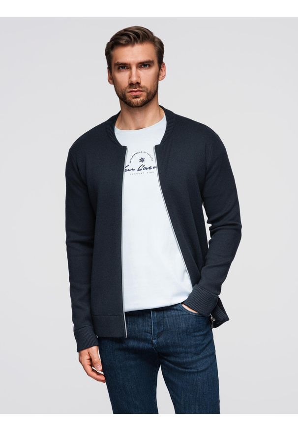 Ombre Clothing - Sweter męski gładki na zamek – granatowy V1 - Rozmiar: XXL. Okazja: na co dzień. Kolor: niebieski. Materiał: poliester, jeans, dzianina, jersey, poliamid, wiskoza. Wzór: gładki. Styl: casual