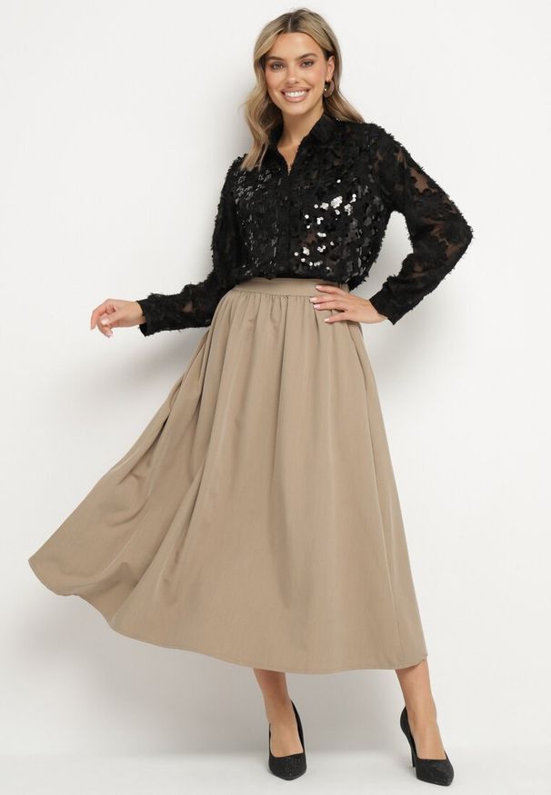 Born2be - Beżowa Rozkloszowana Spódnica z Wiskozą Jenneva. Okazja: na co dzień. Kolor: beżowy. Materiał: wiskoza. Styl: casual, elegancki