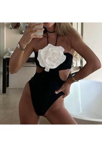 Intica - Strój kąpielowy z kwiatową aplikacją na plażę Torrie. Kolor: czarny. Materiał: materiał. Wzór: kwiaty, aplikacja #2