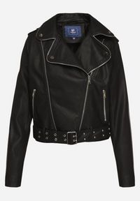 Born2be - Czarna Kurtka Ramoneska z Paskiem z Klamrą Ralvila. Okazja: na co dzień. Kolor: czarny. Materiał: wiskoza, jeans, materiał. Długość rękawa: długi rękaw. Długość: długie. Styl: casual, elegancki, rockowy #5