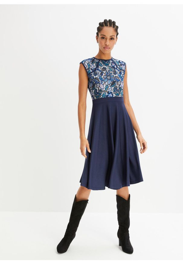 bonprix - Sukienka midi z koronką. Kolor: niebieski. Materiał: koronka. Wzór: koronka. Długość: midi