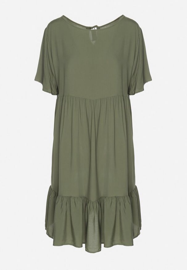 Born2be - Ciemnozielona Sukienka z Bawełny o Rozkloszowanym Kroju z Wiązaniem przy Dekolcie Mepilea. Okazja: na co dzień. Kolor: zielony. Materiał: bawełna. Długość rękawa: krótki rękaw. Sezon: wiosna, lato. Typ sukienki: rozkloszowane. Styl: casual, elegancki, klasyczny