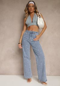 Renee - Niebieskie Jeansy High Waist z Szeroką Nogawką i Nadrukiem w Kokardki Folirela. Okazja: na co dzień. Stan: podwyższony. Kolor: niebieski. Wzór: nadruk. Styl: klasyczny, casual #4