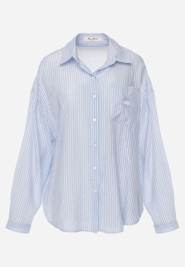 Born2be - Niebieska Koszula o Kroju Oversize z Tencelu w Paski Ozdobiona Haftem Tidine. Okazja: na co dzień, na spotkanie biznesowe, do pracy. Kolor: niebieski. Materiał: jeans, poliester. Wzór: aplikacja, haft, paski. Styl: biznesowy, casual