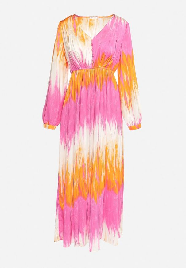 Born2be - Różowo-Pomarańczowa Satynowa Sukienka Maxi o Rozkloszowanym Kroju z Guzikami Lisita. Kolor: różowy. Materiał: satyna. Długość: maxi