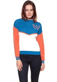 Wrangler - DAMSKI SWETER WRANGLER POINTELLE KNIT DEEP WATER W8106PXDF 112132223. Wzór: ażurowy, aplikacja. Styl: sportowy, retro