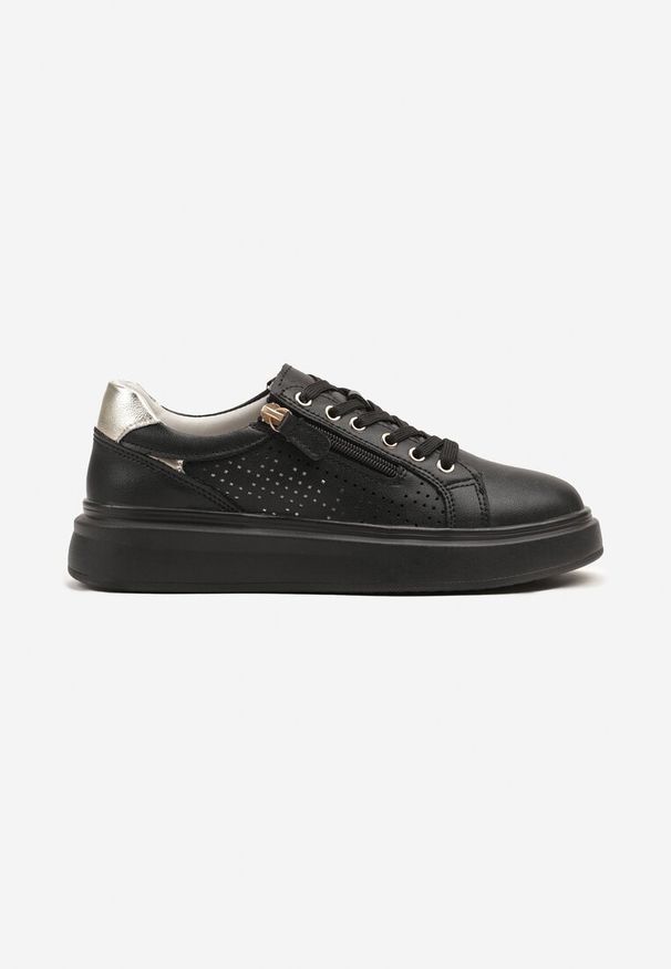 Born2be - Czarne Skórzane Sneakersy ze Skórzaną Wkładką i Perforacją Koloris. Okazja: na co dzień, na spotkanie biznesowe, do pracy. Kolor: czarny. Materiał: skóra. Wzór: aplikacja. Obcas: na płaskiej podeszwie
