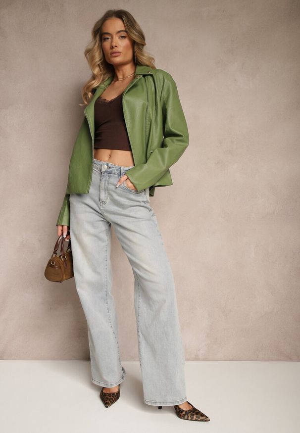 Renee - Zielona Klasyczna Kurtka Ramoneska Ilanitha. Okazja: na co dzień. Kolor: zielony. Materiał: jeans. Styl: klasyczny