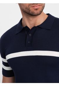 Ombre Clothing - Koszulka męska polo z miękkiej dzianiny z kontrastowymi pasami - granatowa V2. Okazja: na co dzień. Typ kołnierza: polo. Kolor: niebieski. Materiał: dzianina. Długość: krótkie. Wzór: paski. Styl: casual #6