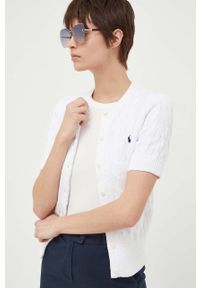 Polo Ralph Lauren kardigan bawełniany kolor biały lekki. Typ kołnierza: polo. Kolor: biały. Materiał: bawełna. Długość rękawa: krótki rękaw. Długość: krótkie. Wzór: ze splotem