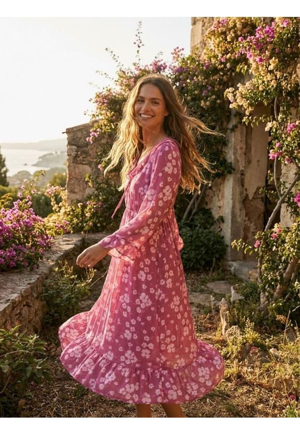 Sinsay - Sukienka midi z falbanami i wiązaniem przy dekolcie - wielobarwny. Długość: midi