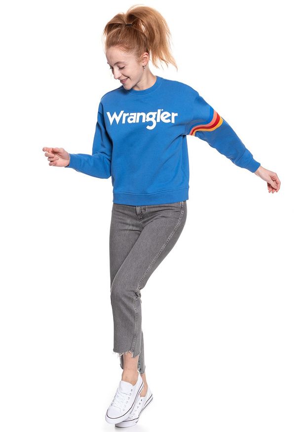 Wrangler - BLUZA WRANGLER DAMSKA LOGO SWEAT DEEP WATER W6072HQDF 112130428. Wzór: nadruk