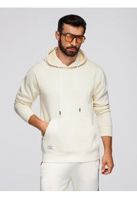 Ombre Clothing - Męska bluza dresowa kangurka z kapturem - kremowa V11 - Rozmiar: L. Okazja: na co dzień. Typ kołnierza: kaptur. Kolor: kremowy. Materiał: dresówka. Wzór: aplikacja. Styl: klasyczny, casual