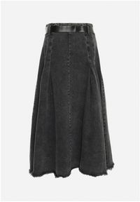 Born2be - Czarna Jeansowa Spódnica o Rozkloszowanym Fasonie z Paskiem Firlana. Kolor: czarny. Materiał: jeans #6