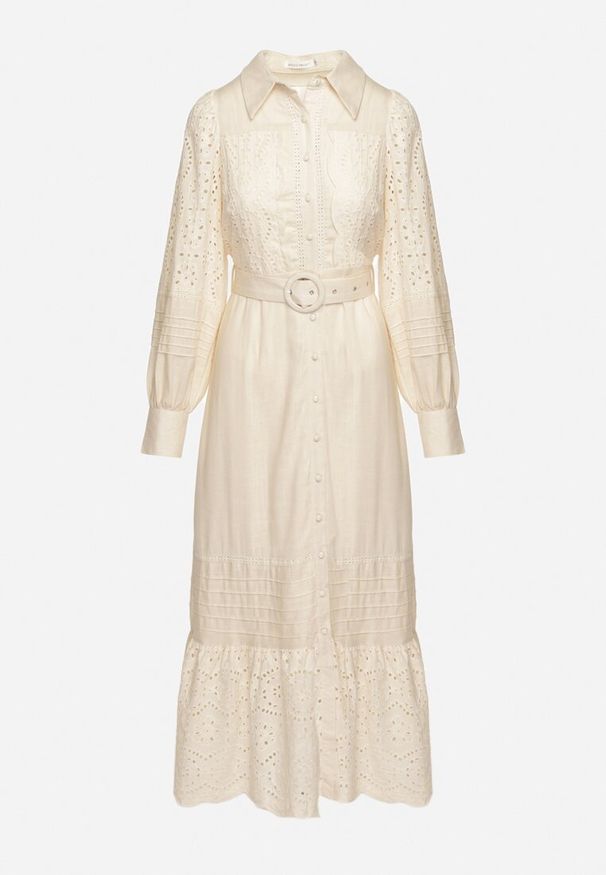 Born2be - Beżowa Koszulowa Sukienka z Lnu i Wiskozy z Paskiem w Komplecie z Ażurowym Zdobiebiem Eleces. Okazja: na imprezę, na co dzień. Kolor: beżowy. Materiał: wiskoza, len. Długość rękawa: długi rękaw. Wzór: ażurowy. Typ sukienki: koszulowe. Styl: elegancki, casual