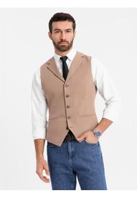 Ombre Clothing - Dopasowana elegancka kamizelka męska z elastanem i klapami – brązowa V1 - Rozmiar: L. Kolor: brązowy. Materiał: elastan. Wzór: gładki, jednolity. Styl: elegancki