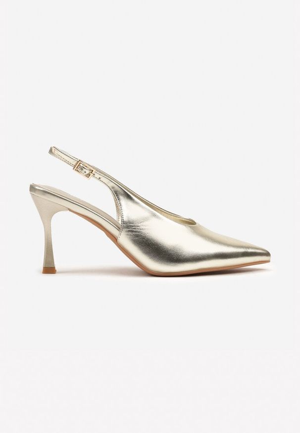 Renee - Złote Sandały na Szpilce w Stylu Slingback Delaneta. Okazja: na co dzień. Zapięcie: sprzączka. Kolor: złoty. Materiał: jeans. Obcas: na szpilce. Styl: street, elegancki, casual