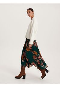 Reserved - Plisowana spódnica w kwiaty - morski. Kolor: morski. Materiał: tkanina. Wzór: kwiaty #1