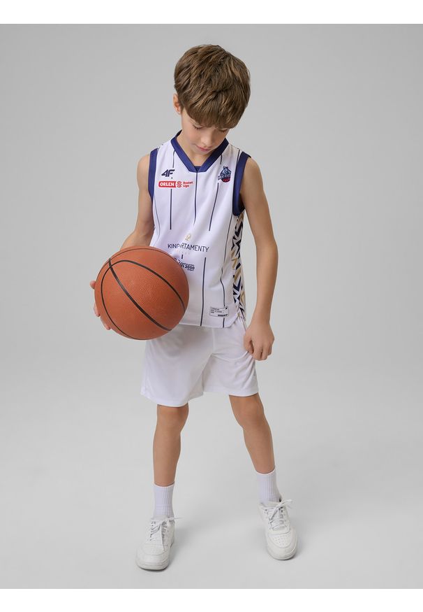 4f - 4F Koszulka meczowa replika domowa z sezonu 2025/26 dziecięca 4F x King Szczecin - biała 146/152 (10-12 lat). Kolor: biały. Materiał: materiał. Wzór: nadruk. Sezon: lato. Sport: fitness