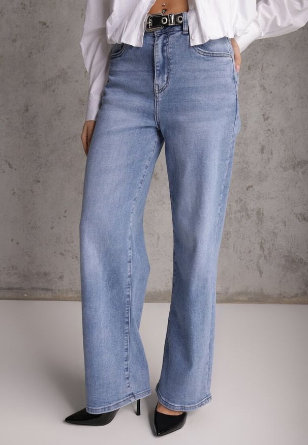 Renee - Niebieskie Jeansy Wide Leg High Waist z Elastycznego Denimu z Bawełną Jelimia. Okazja: na co dzień. Stan: podwyższony. Kolor: niebieski. Styl: elegancki, casual