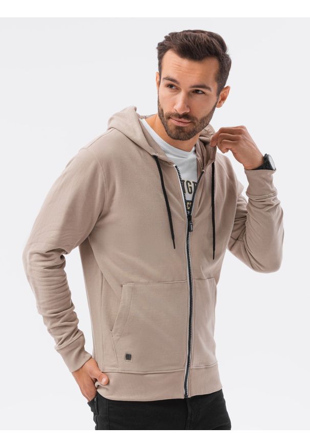 Ombre Clothing - Bluza męska rozpinana z kapturem B1145 - beżowa - XXL. Typ kołnierza: kaptur. Kolor: beżowy. Materiał: bawełna. Styl: klasyczny