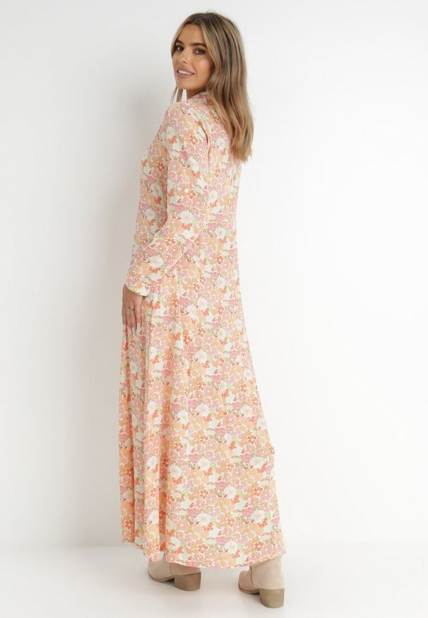 Born2be - Pomarańczowo-Biała Sukienka Koszulowa Fabillus. Okazja: na spacer. Kolor: pomarańczowy. Wzór: kwiaty. Typ sukienki: koszulowe. Materiał: tkanina. Długość rękawa: długi rękaw. Sezon: wiosna, lato. Styl: boho, klasyczny. Długość: maxi