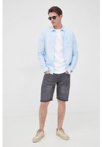 Calvin Klein Jeans koszula z domieszką lnu męska slim z kołnierzykiem klasycznym. Typ kołnierza: kołnierzyk klasyczny. Kolor: niebieski. Materiał: len. Wzór: aplikacja. Styl: klasyczny #5