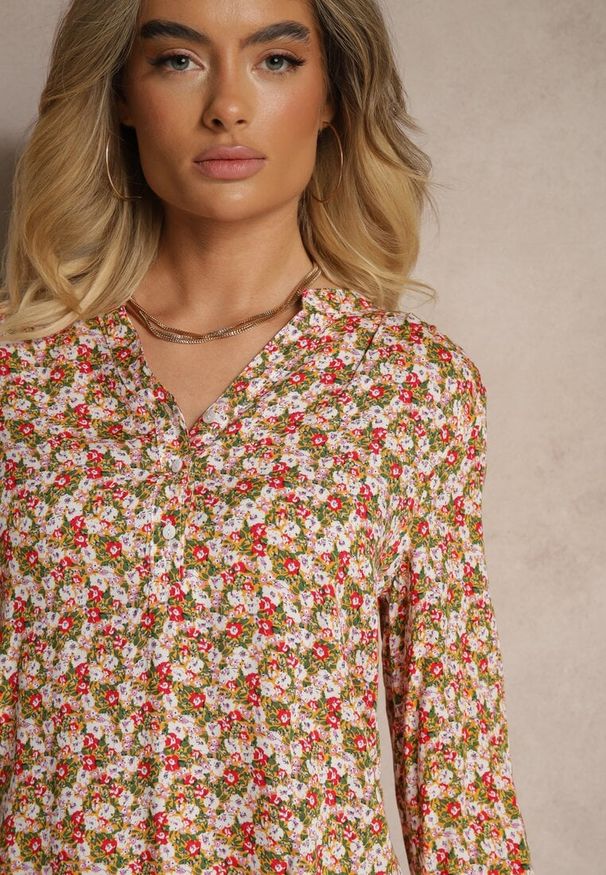 Renee - Pomarańczowa Wiskozowa Bluzka w Kwiaty o Koszulowym Kroju z Podpinanymi Rękawami Edinoriela. Okazja: na co dzień, na spotkanie biznesowe, do pracy. Typ kołnierza: dekolt w serek. Kolor: pomarańczowy. Materiał: wiskoza. Wzór: kwiaty. Styl: biznesowy, elegancki, casual