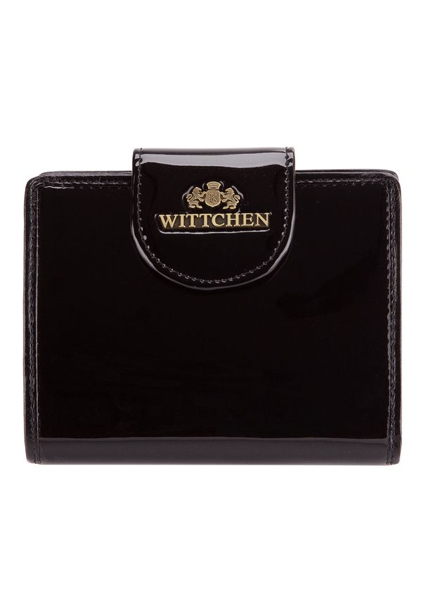 Wittchen - Damski portfel ze skóry lakierowany z ozdobną napą czarny. Kolor: czarny. Materiał: skóra, lakier. Wzór: aplikacja
