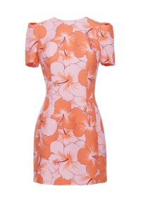 MOE - Elegancka sukienka trapezowa mini pomarańczowy. Typ kołnierza: typu klepsydra. Kolor: czerwony, pomarańczowy. Materiał: tkanina. Długość rękawa: krótki rękaw. Wzór: nadruk. Typ sukienki: trapezowe. Styl: elegancki. Długość: mini #4